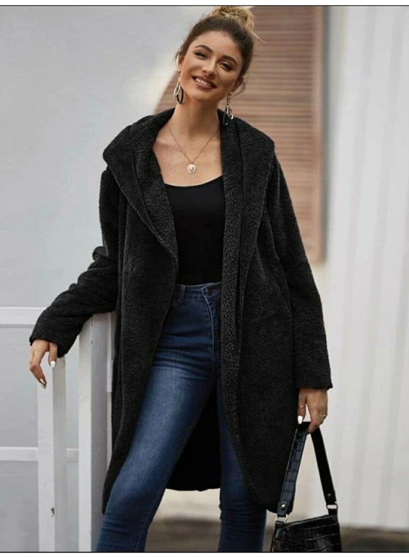 Solid Dual Pocket Open Front Teddy Coat (Black) - Image 1